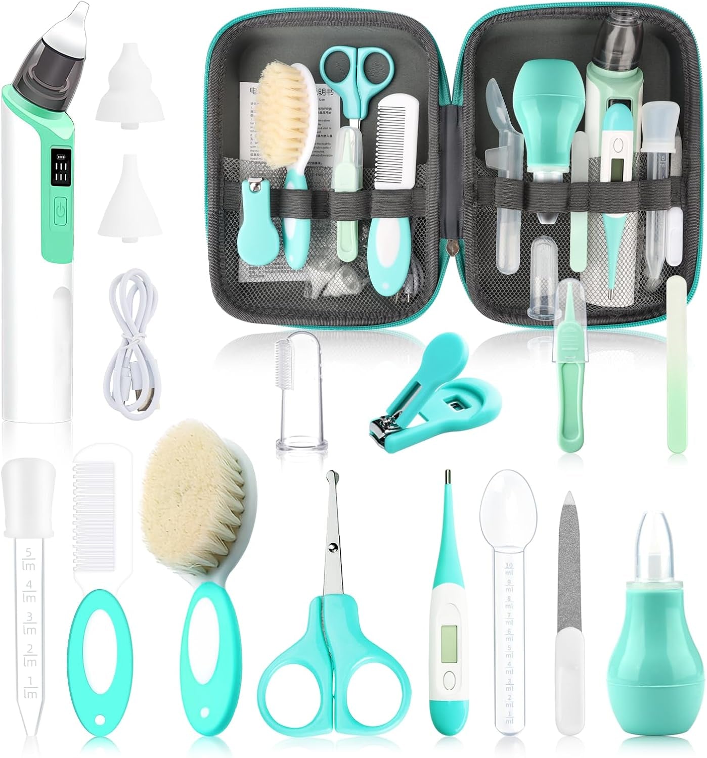 Baby Grooming Kit, Infant Safety Care Set with Baby Electric Nose Aspirator,Baby Hair Brush Comb Nail Clipper Nasal Aspirator,Baby Essentials Kit for Newborn Girls Boys (17 Pc Green Kit)