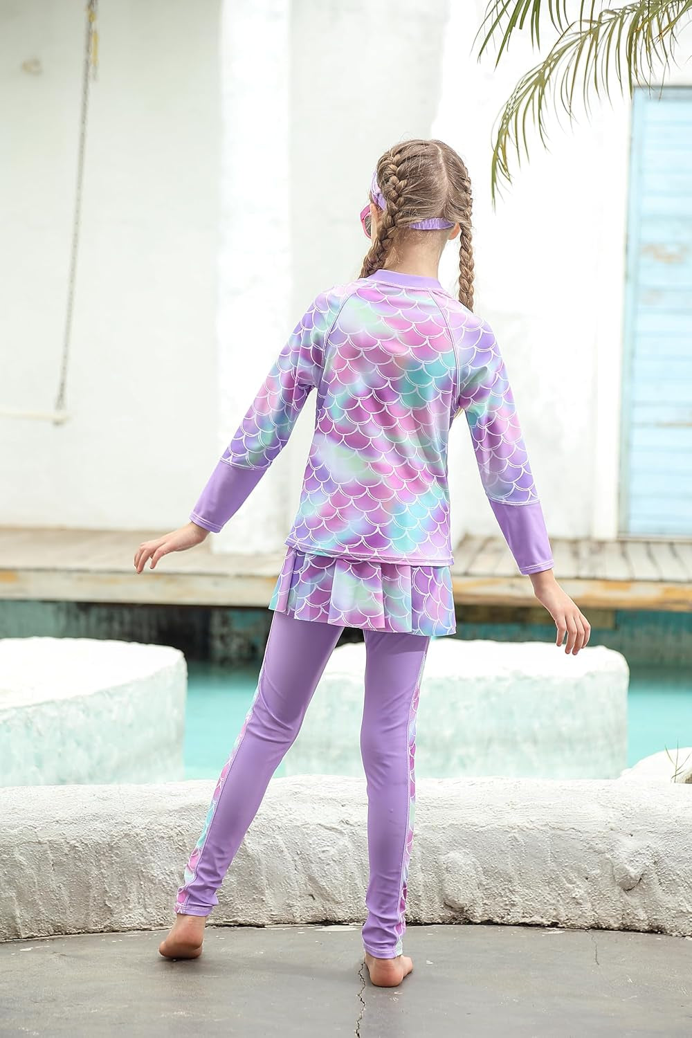 Girls Long Sleeve Rashguard Half Zip Swimsuits UPF 50+ Two Piece Swim Sets with Hairband 5-12Y