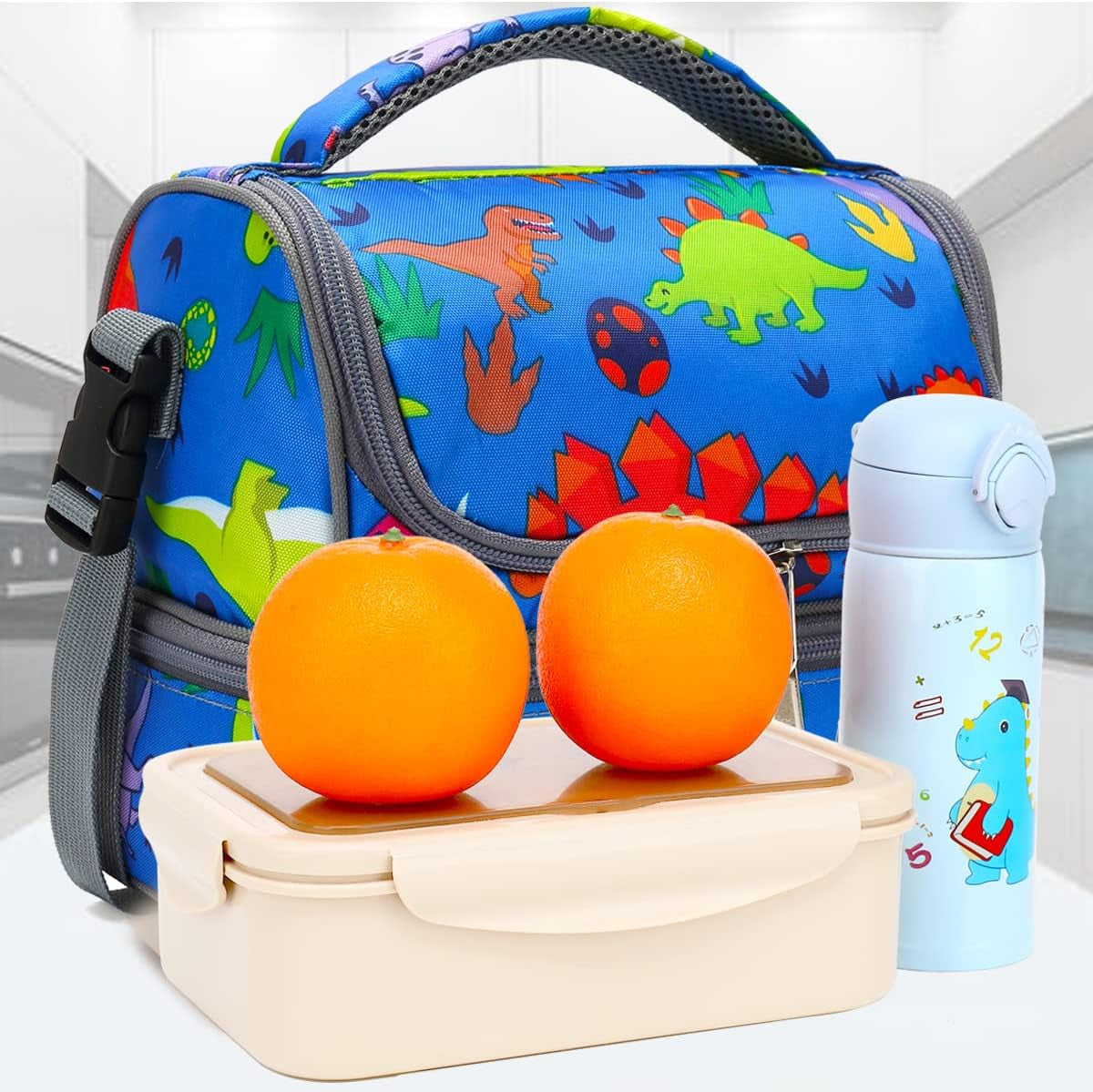 Kids Double Decker Cooler Insulated Lunch Bag Large Tote for Boys, Girls, Men, Women, with Adjustable Strap, Dinosaur