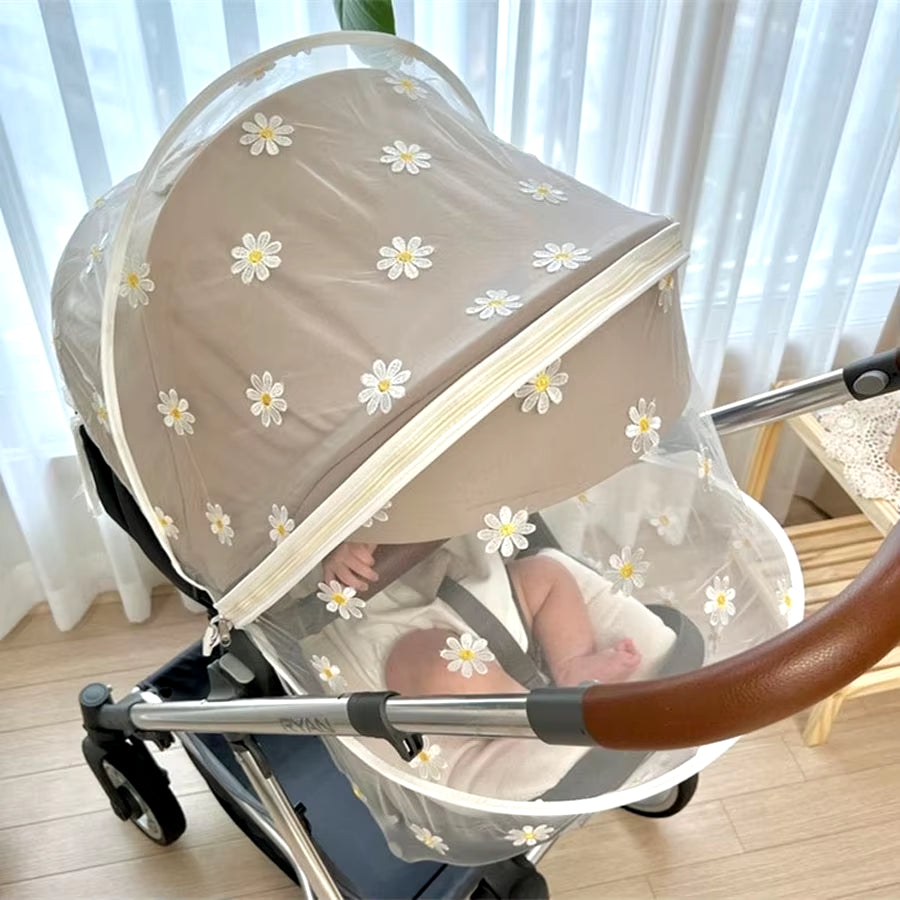 Summer Baby Stroller Mosquito Net Daisy Embroidered Zipper Full Cover Insect Prevention Universal Stroller Mosquito Net