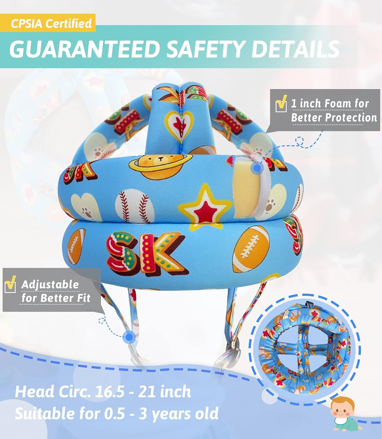 Baby Head Protector - Baby Helmet for Crawling Walking Running - No Bumps and Soft Cushion - Adjustable Protective Cap Infant Baby Safety Headguard - Toddler Helmets 6-12 Months 1-2 Years Old