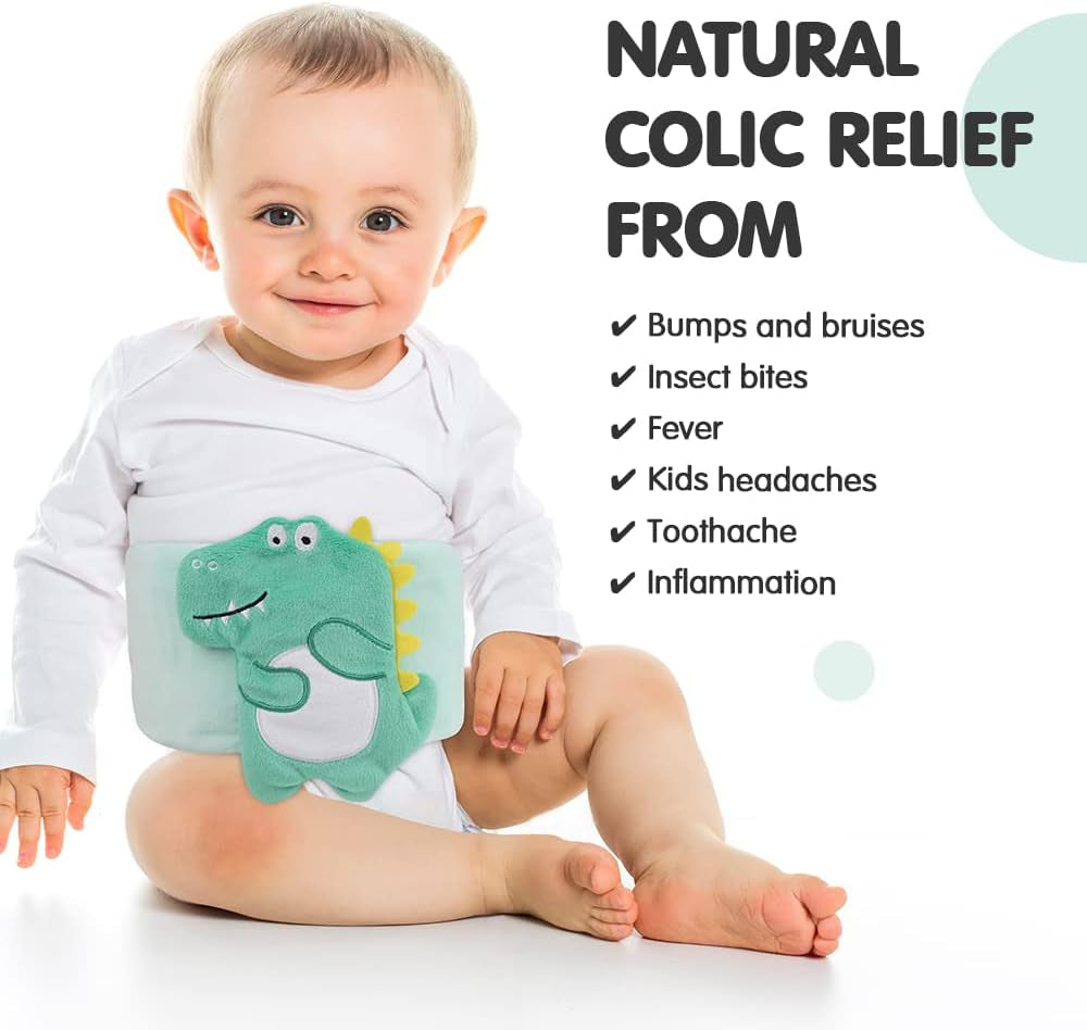 Baby Colic, Gas and Upset Stomach Relief, Heated Warmer Tummy Wrap with 2 Gel Packs for Newborns and Infants, Baby Heating Pad Swaddling Belt Natural Relief (Green Dinosaur)