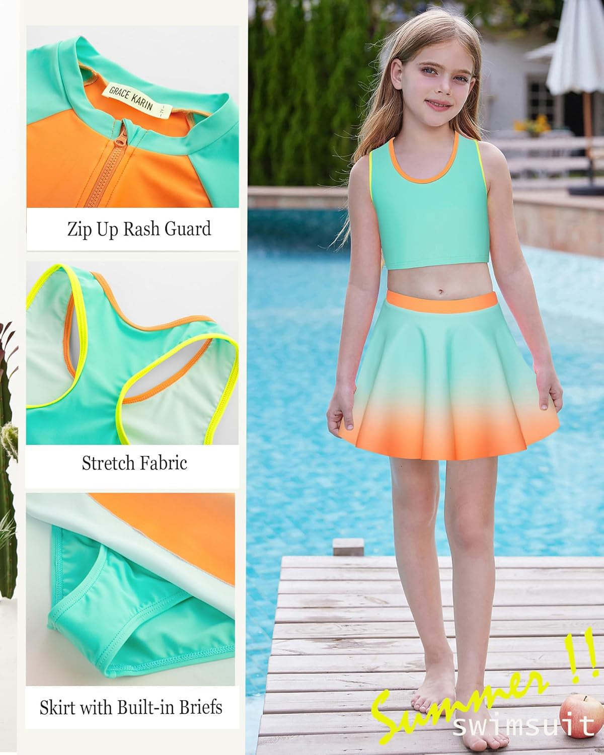Girls Rash Guard Swimsuit 3 Pieces Long Sleeve Bathing Suit Tankini Swimwear 5-12 Years