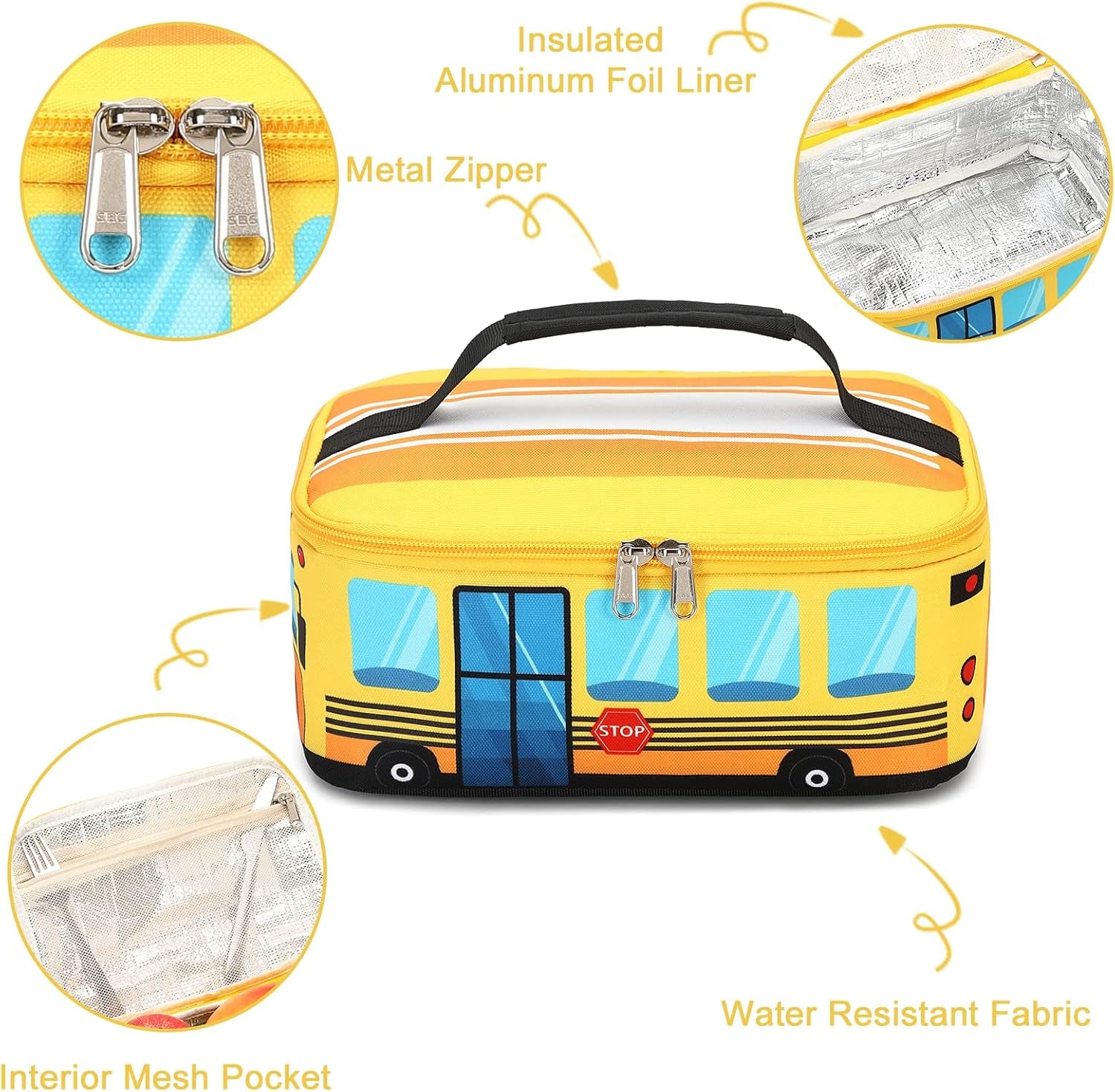 Lunch Box Kids Boys Girls Cute Insulated Lunch Box Reusable Lunch Bag Meals Tote Lunchbox for School Picnic Travel (Bus Yellow)