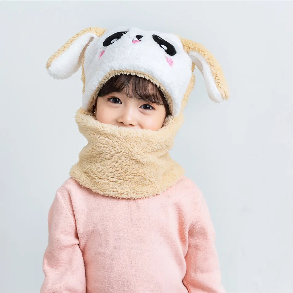 Cartoon Children Hat Scarf Two-Piece Hooded Autumn and Winter Cute Rabbit Panda Hat Winter Keep Warm Fluff Thicken Neck Scarf