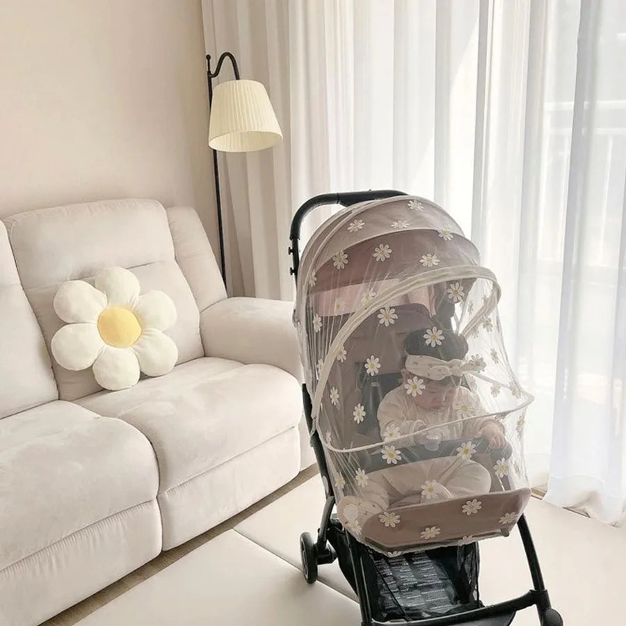 Summer Baby Stroller Mosquito Net Daisy Embroidered Zipper Full Cover Insect Prevention Universal Stroller Mosquito Net
