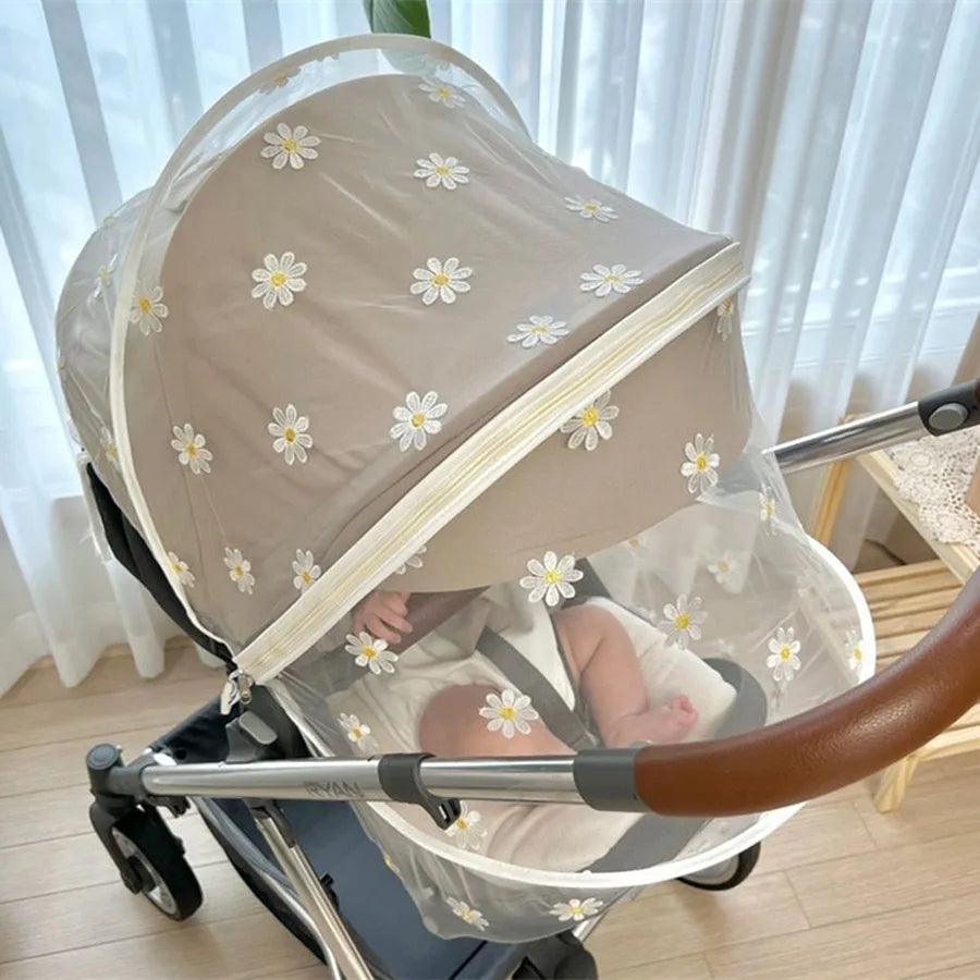 Summer Baby Stroller Mosquito Net Daisy Embroidered Zipper Full Cover Insect Prevention Universal Stroller Mosquito Net