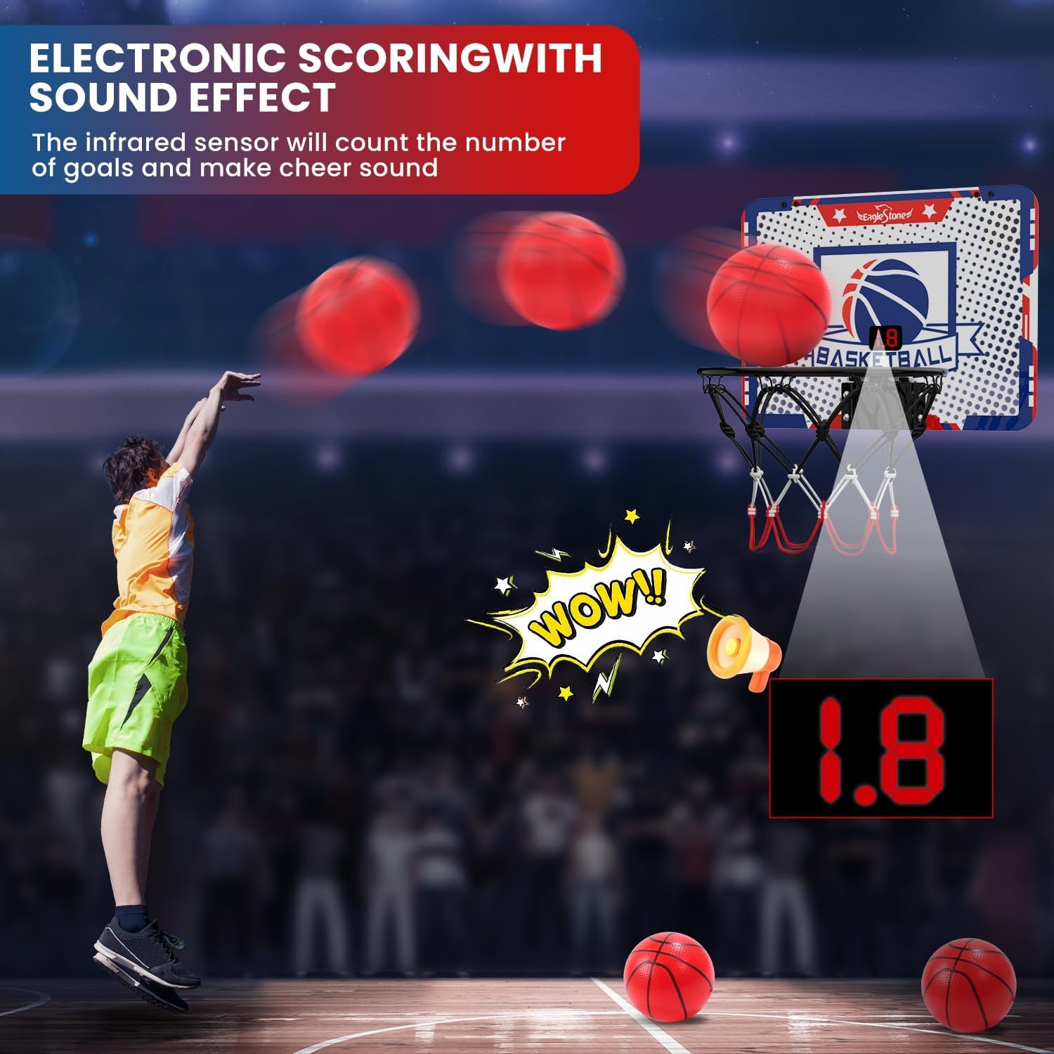 Kids Indoor Basketball Hoop, 4 Balls Mini Basketball Toy for Toddlers, with Electronic Scoreboard over the Door Room Wall Basketball Hoop Goal Boys Girls Gift for Age 3 4 5 6 7 8 9 10