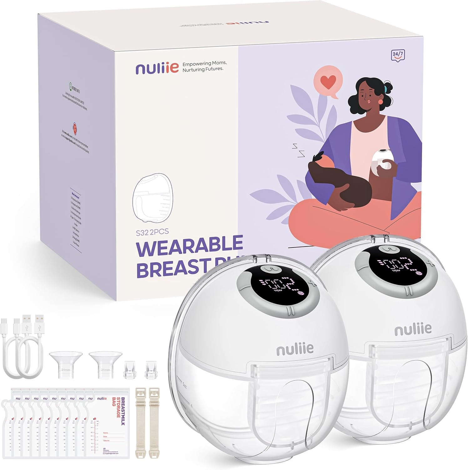 Hands-Free Breast Pump, Wearable Breastfeeding Pump 4 Modes 9 Levels with 18/21/24MM Flange, Electric Breast Pump Portable, Replaced Pumping Accessories Included (2 Packs, Whitesmoke)