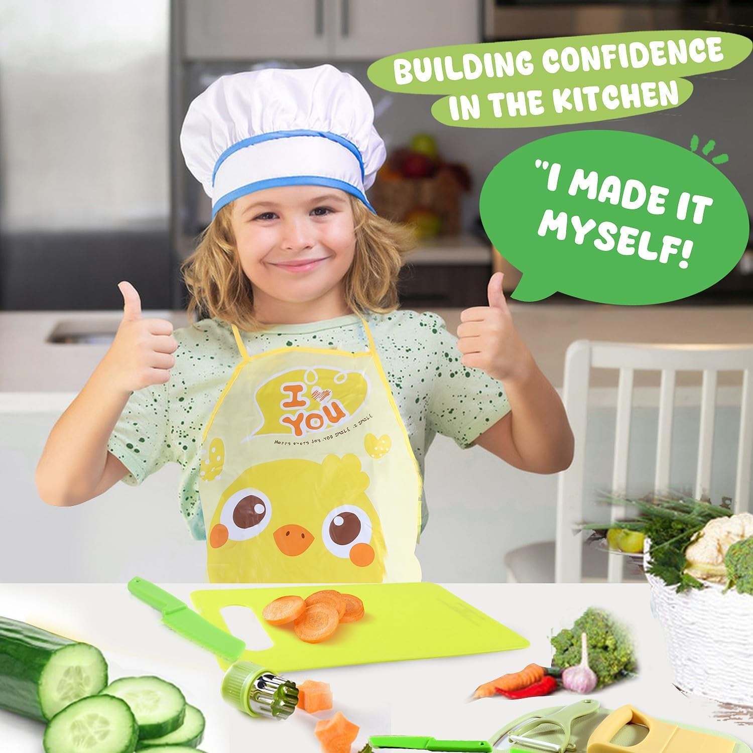 31PCS Kids Knife Set for Real Cooking - Toddlers Montessori Kitchen Tools Stocking Stuffers Toys for Boys & Girls Age 4+ Year Old, Includes 1 Apron, 2 Cutting Boards, 3 Safe Knives
