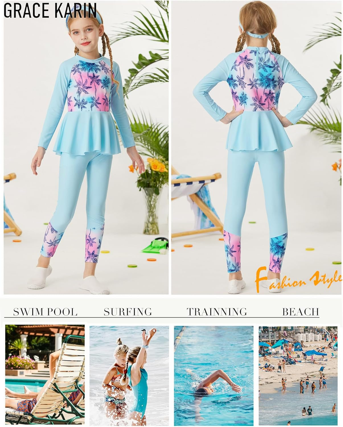 Girls Long Sleeve Swimsuit Mermaid Bathing Suit Rash Guard Swimwear 4 Piece Size 5-12