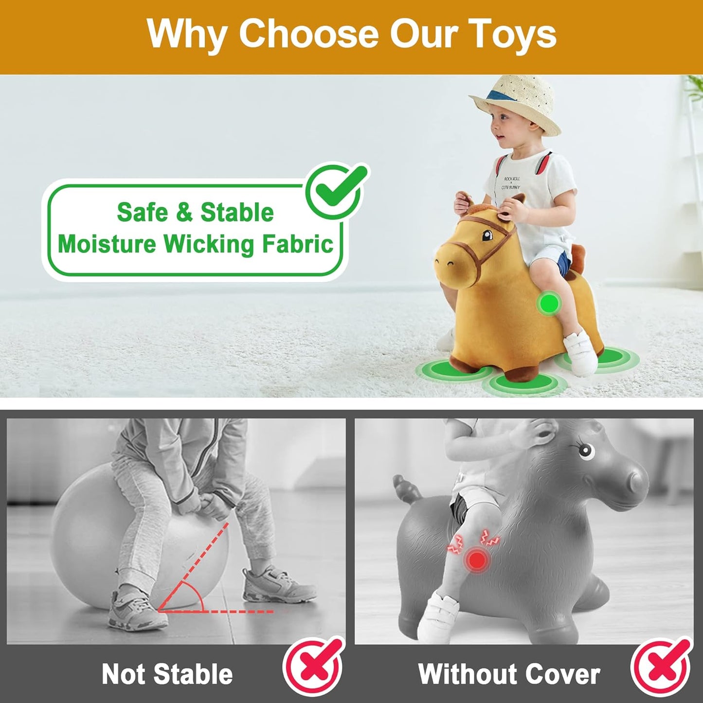 Bouncy Pals Hopping Horse, Toddler Girl Boy Inflatable Bouncing Animal Hopper Toy, Outdoor Indoor Plush Ride on Bouncer, Baby Birthday Gift 18 Month 2 3 4 Year Old Kid - Horse