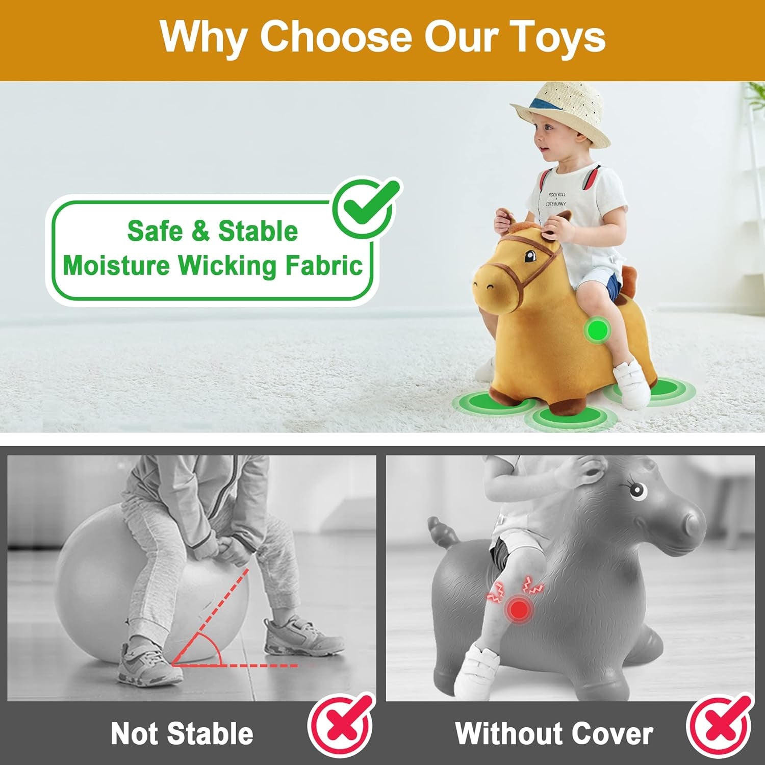 Bouncy Pals Hopping Horse, Toddler Girl Boy Inflatable Bouncing Animal Hopper Toy, Outdoor Indoor Plush Ride on Bouncer, Baby Birthday Gift 18 Month 2 3 4 Year Old Kid - Horse