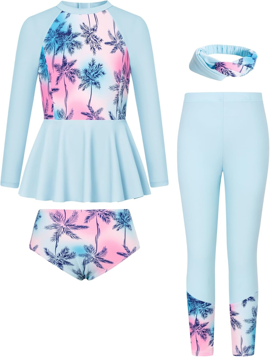 Girls Long Sleeve Swimsuit Mermaid Bathing Suit Rash Guard Swimwear 4 Piece Size 5-12