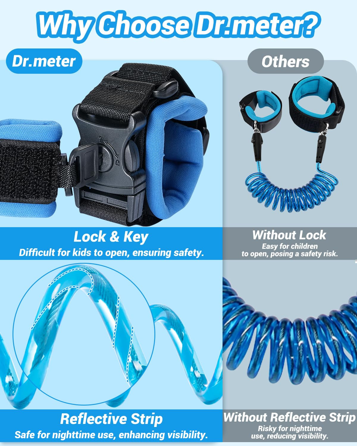 Toddler Leash, 2 Pack Safety anti Lost Wrist Link with Key Lock, Reflective Child Walking Harness, 8.2Ft Blue + 4.92Ft Orange Kids Leash for Supermarket Mall Airport Amusement Park Zoo Travel