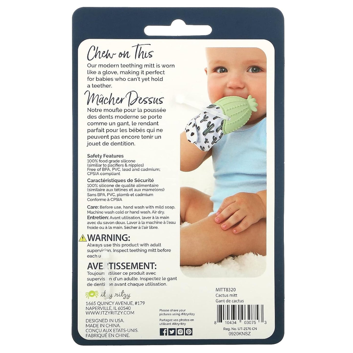 Silicone Teething Mitt - Soothing Infant Teething Mitten with Adjustable Strap, Crinkle Sound & Textured Silicone to Soothe Sore & Swollen Gums - Baby Teething Toy for 3 Mos & Up, Cactus