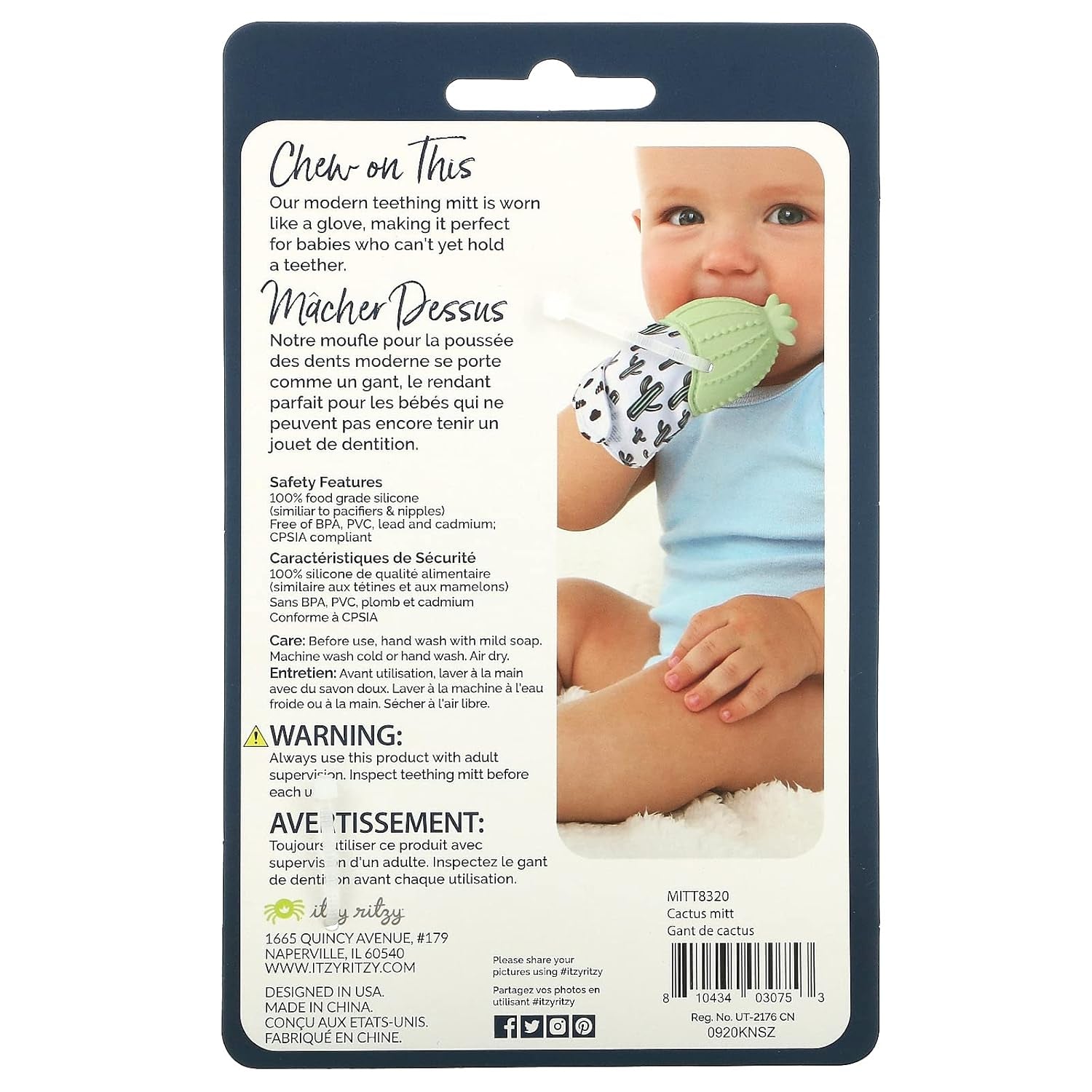 Silicone Teething Mitt - Soothing Infant Teething Mitten with Adjustable Strap, Crinkle Sound & Textured Silicone to Soothe Sore & Swollen Gums - Baby Teething Toy for 3 Mos & Up, Cactus