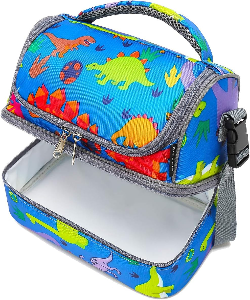 Kids Double Decker Cooler Insulated Lunch Bag Large Tote for Boys, Girls, Men, Women, with Adjustable Strap, Dinosaur