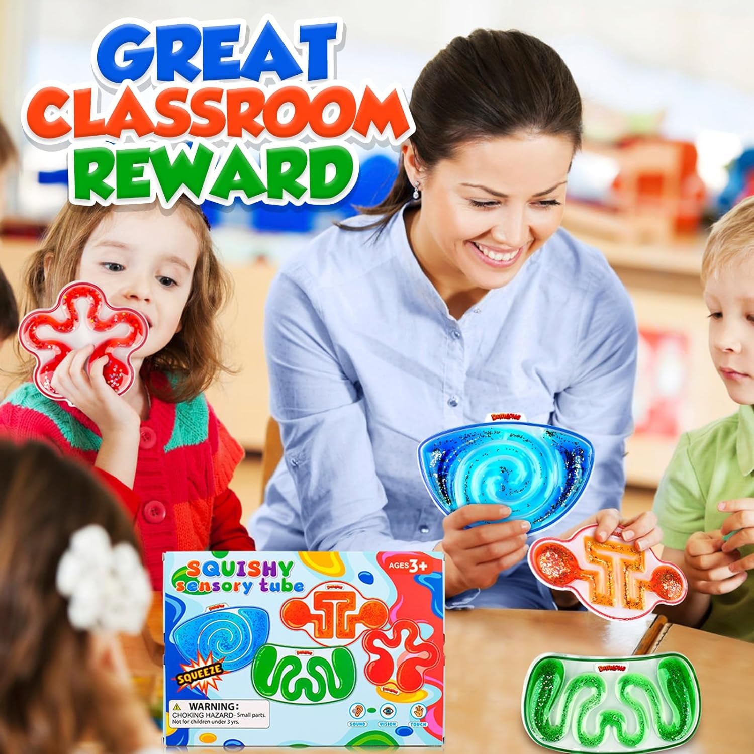 Squishy Sensory Toys for Kids - 4 Pack Fidget Toy Sensory Maze for Autism - Stress Anxiety Relief Toys for Calm down - Sensory Fidget Toy Filled Goo, Glitter, Easter Prizes for Kids Classroom