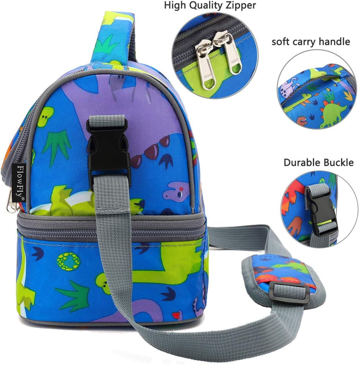 Kids Double Decker Cooler Insulated Lunch Bag Large Tote for Boys, Girls, Men, Women, with Adjustable Strap, Dinosaur