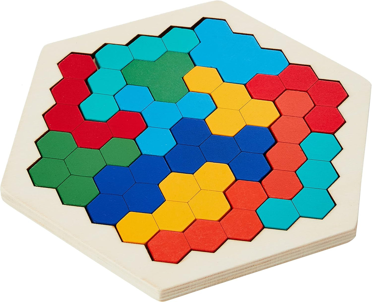 Wooden Hexagon Puzzle for Kid Adults - Shape Pattern Block Tangram Brain Teaser Toy Geometry Logic IQ Game STEM Montessori Educational Gift for All Ages Challenge