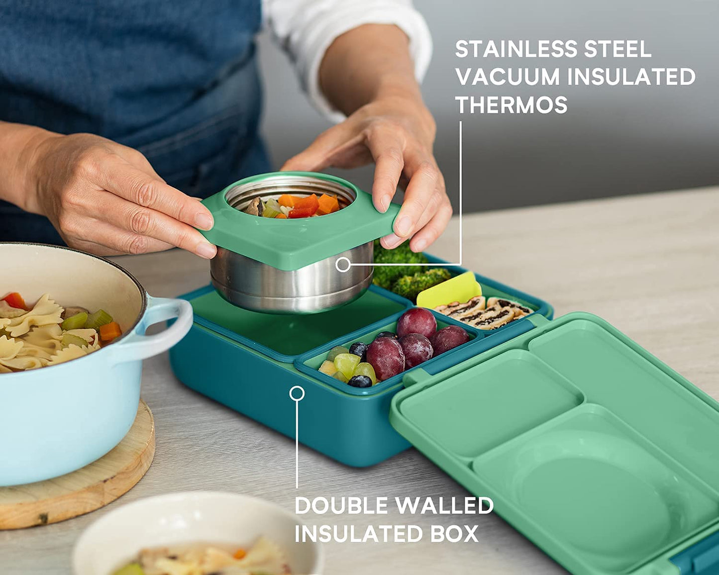 box Bento Box for Kids - Insulated Lunch Box with Leak Proof Thermos Food Jar - 3 Compartments, 2 Temperature Zones - (Meadow) (Single)