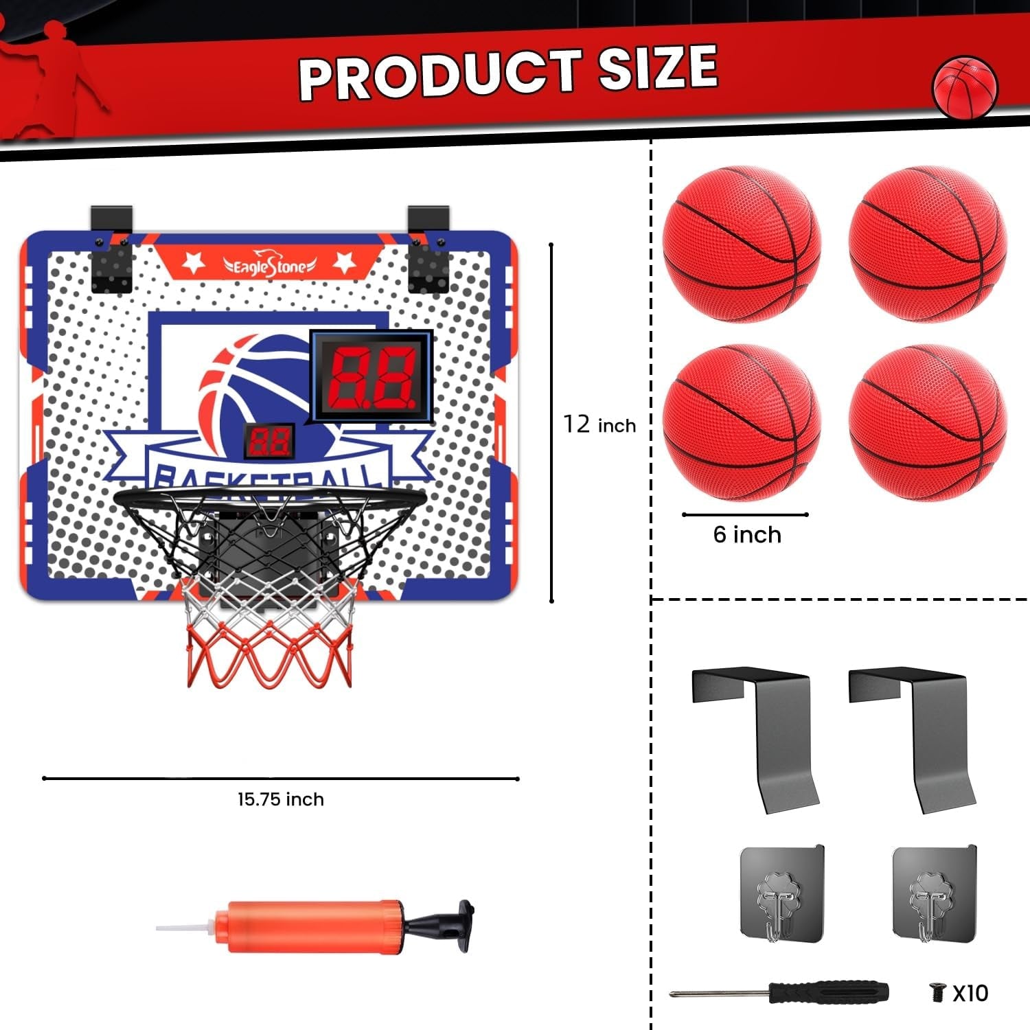 Kids Indoor Basketball Hoop, 4 Balls Mini Basketball Toy for Toddlers, with Electronic Scoreboard over the Door Room Wall Basketball Hoop Goal Boys Girls Gift for Age 3 4 5 6 7 8 9 10