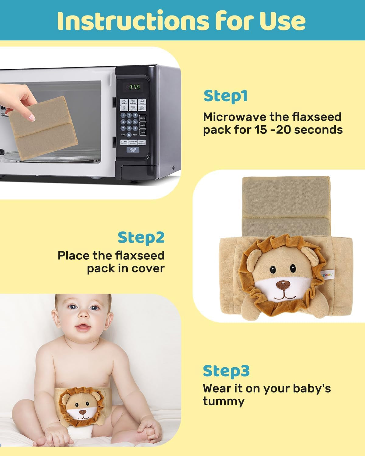 Baby Belly Band for Gas and Colic Relief, Flaxseed Baby Heated Tummy Wrap for Infants Colic Calm, Baby Heating Pad with Natural Warmth, Stomach Relief for Newborns to Toddlers for Fussy Infants (Lion)