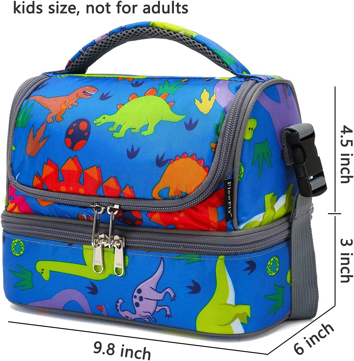 Kids Double Decker Cooler Insulated Lunch Bag Large Tote for Boys, Girls, Men, Women, with Adjustable Strap, Dinosaur