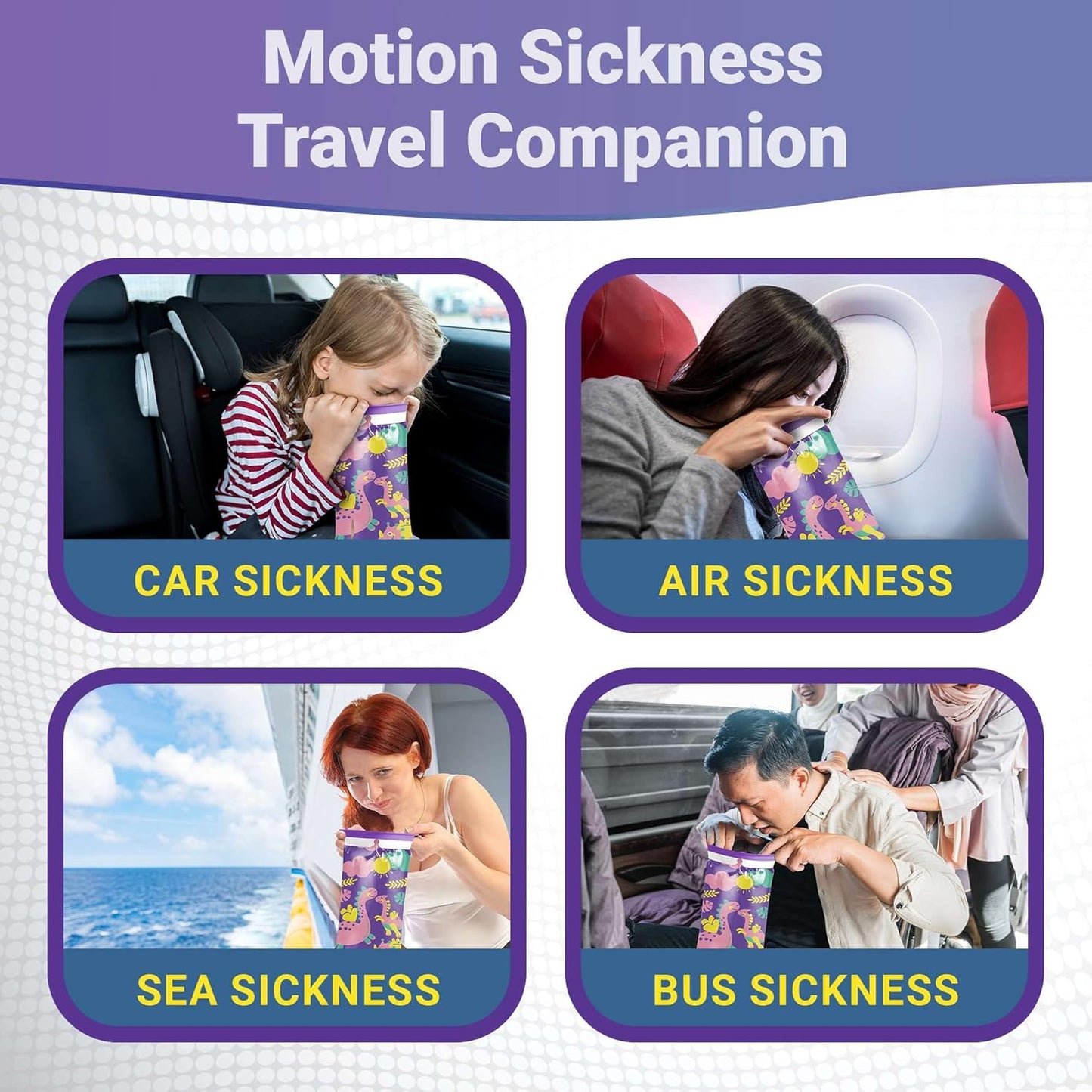 Kids Vomit Bags Disposable 5 Pack - Individually Wrapped Barf Bags with Cute Dinosaur Print - Leak Proof Self Sealing Emesis Bags for Motion Car Sickness and Nausea - Ideal for Taxis, Airplane Travel