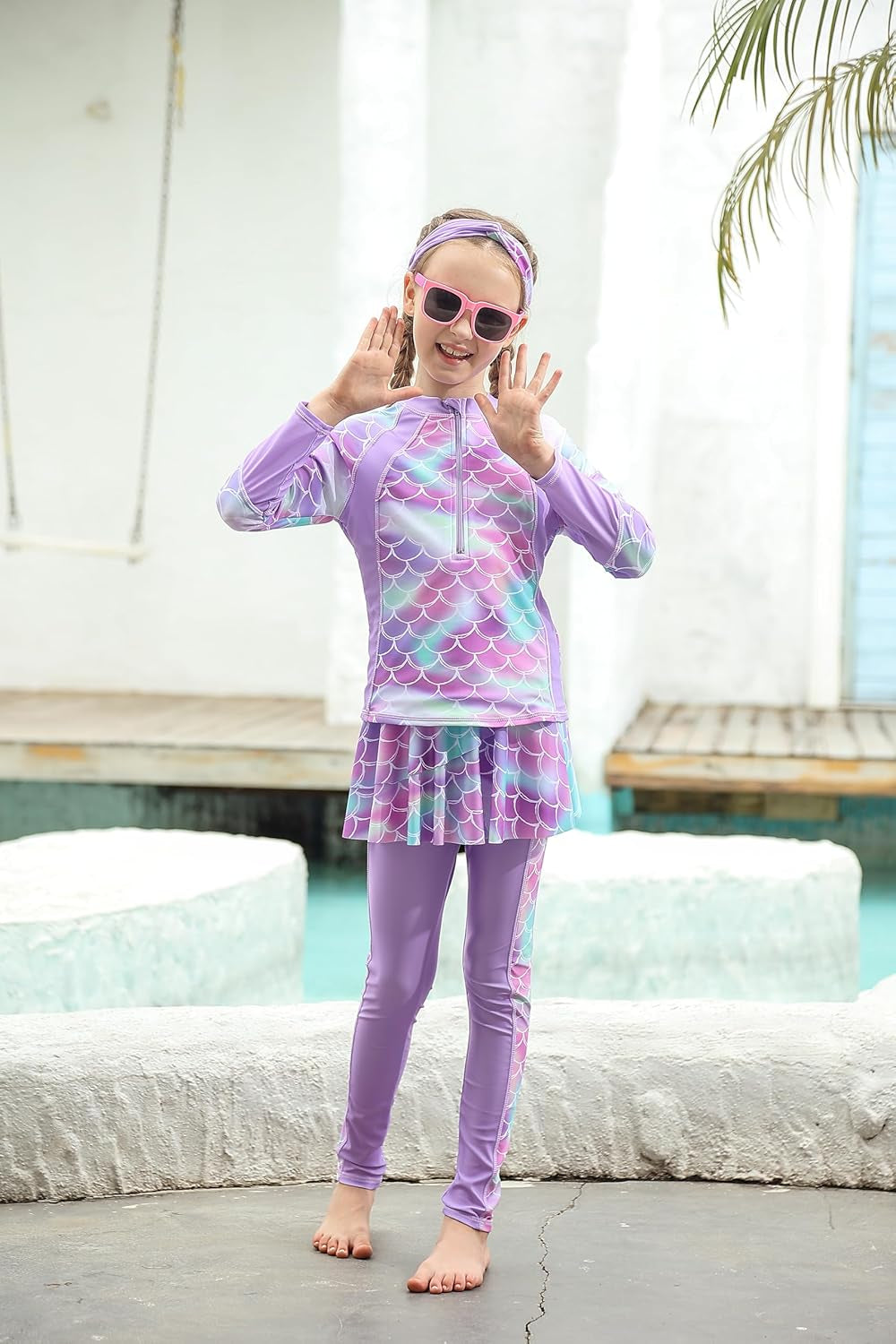 Girls Long Sleeve Rashguard Half Zip Swimsuits UPF 50+ Two Piece Swim Sets with Hairband 5-12Y