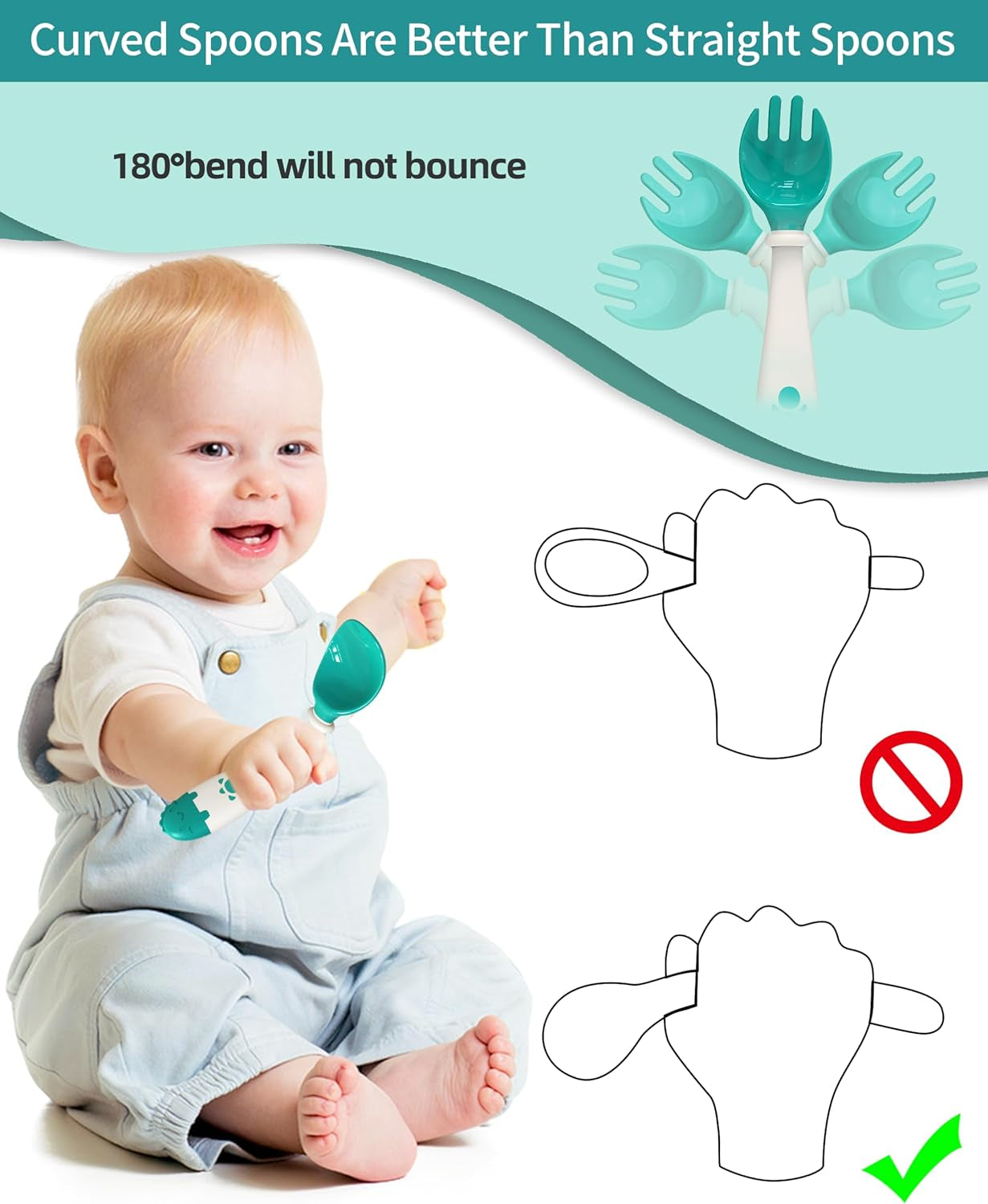 Toddler Utensils, Self-Feeding Flatware Set Withtravel Case, Baby Spoons and Forks with Silicone Bendable Handle, Easy Grip Heat-Resistant, Ideal for Kids, Stage 2 (Green)