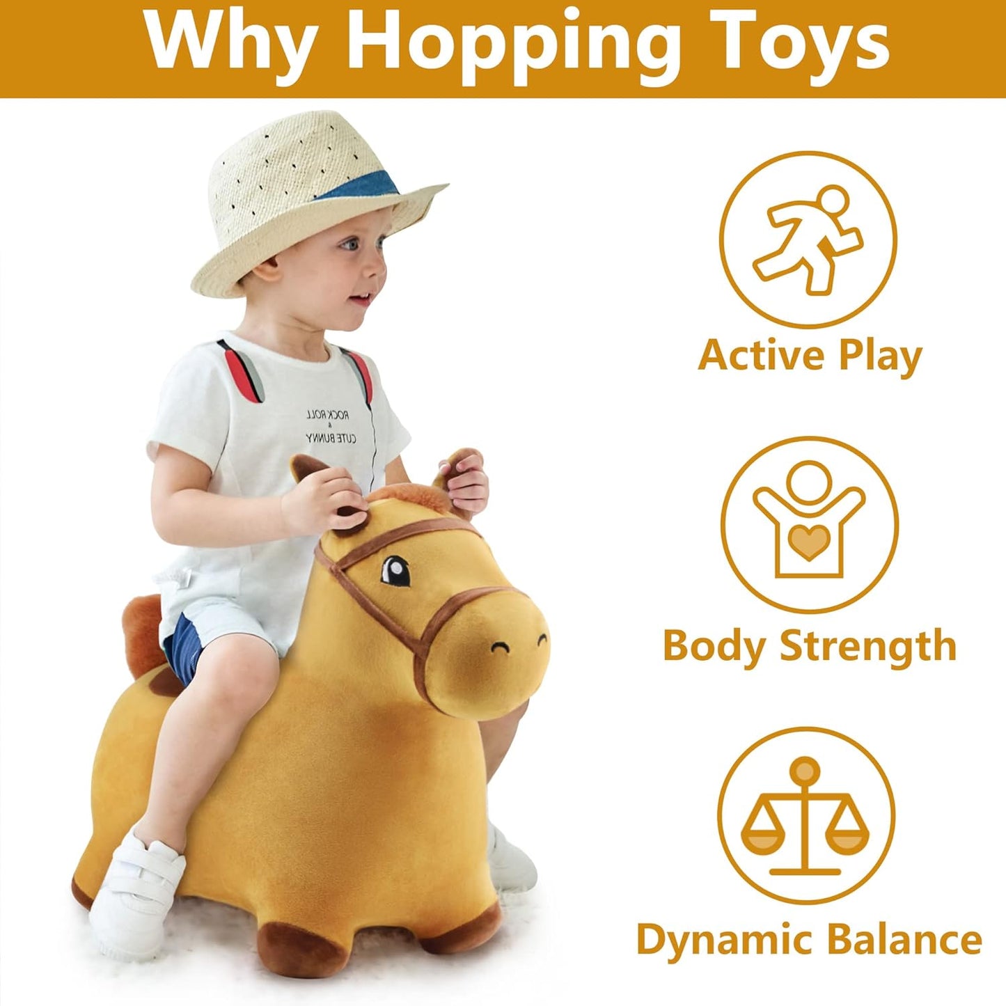 Bouncy Pals Hopping Horse, Toddler Girl Boy Inflatable Bouncing Animal Hopper Toy, Outdoor Indoor Plush Ride on Bouncer, Baby Birthday Gift 18 Month 2 3 4 Year Old Kid - Horse