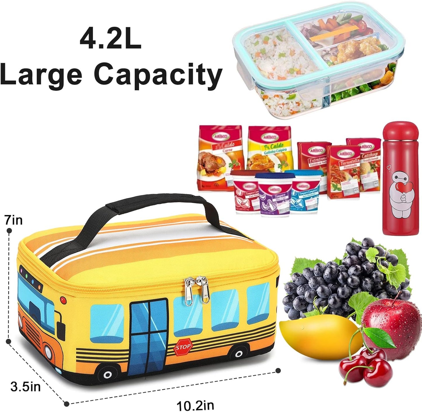 Lunch Box Kids Boys Girls Cute Insulated Lunch Box Reusable Lunch Bag Meals Tote Lunchbox for School Picnic Travel (Bus Yellow)