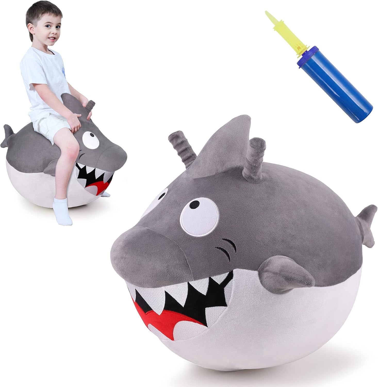 Bouncy Pals Kids White Shark Hopper Ball, Toddler Ride on Bounce Toy, Outdoor Indoor Inflatable Jumping Animal W/Handle, Bouncing Hop Jumper, Birthday Gift for 2 3 4 5 Year Old Boy Girl