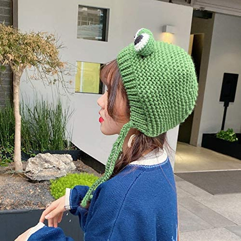 Women Girls Crochet Knitted Winter Headband Hat Beanie Cute Cartoon Frog Big Eyes Earflap Cap Photo Props