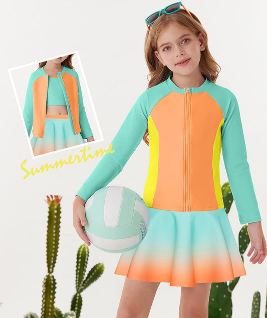 Girls Rash Guard Swimsuit 3 Pieces Long Sleeve Bathing Suit Tankini Swimwear 5-12 Years