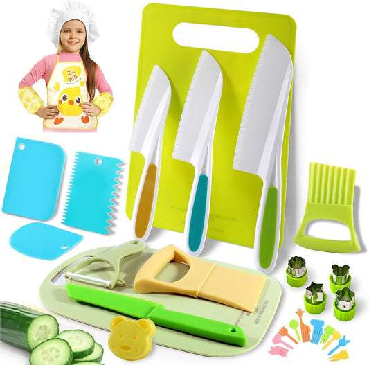 31PCS Kids Knife Set for Real Cooking - Toddlers Montessori Kitchen Tools Stocking Stuffers Toys for Boys & Girls Age 4+ Year Old, Includes 1 Apron, 2 Cutting Boards, 3 Safe Knives