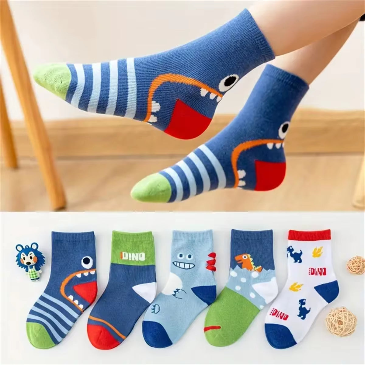 5Pairs Casual Cute Cartoon Dinosaur Knit Socks, Soft Comfortable Breathable Socks Boys and Girls Accessories