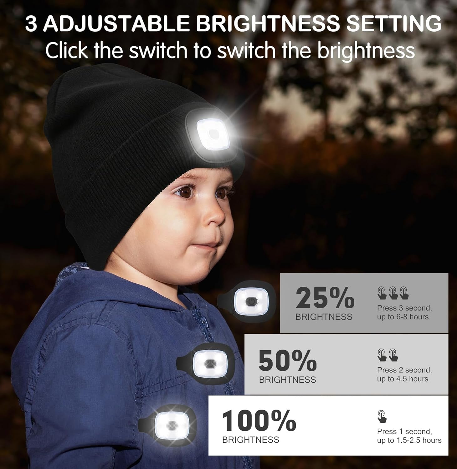 LED Beanie for Kids, LED Flashlight Knitted Cap Hat with Light, Christmas Stocking for Boys Girls Navy Blue