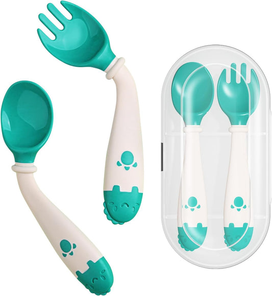Toddler Utensils, Self-Feeding Flatware Set Withtravel Case, Baby Spoons and Forks with Silicone Bendable Handle, Easy Grip Heat-Resistant, Ideal for Kids, Stage 2 (Green)