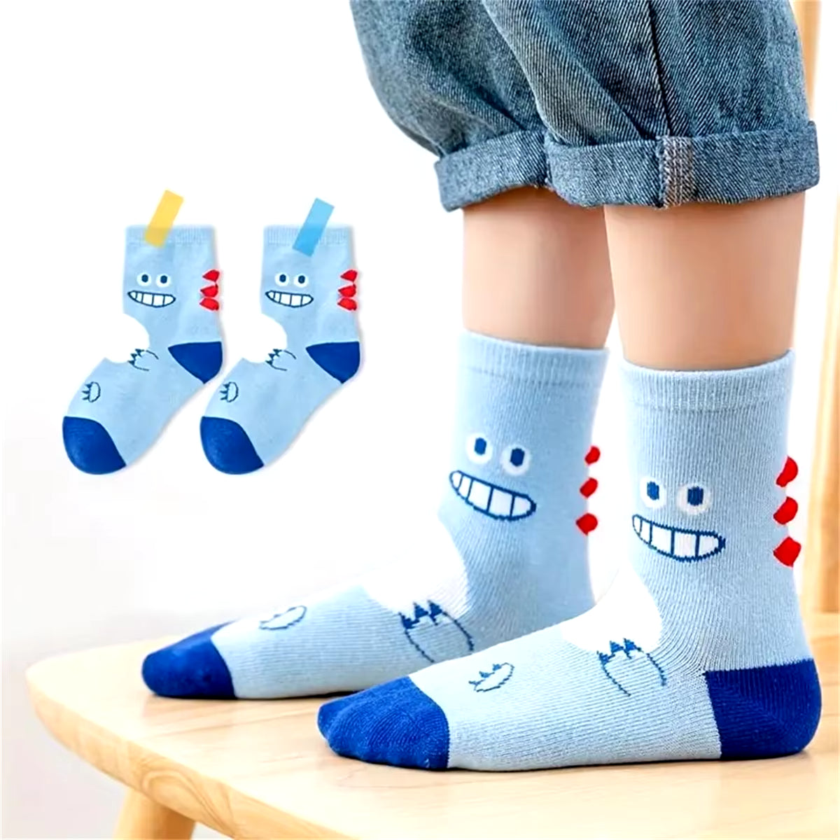 5Pairs Casual Cute Cartoon Dinosaur Knit Socks, Soft Comfortable Breathable Socks Boys and Girls Accessories