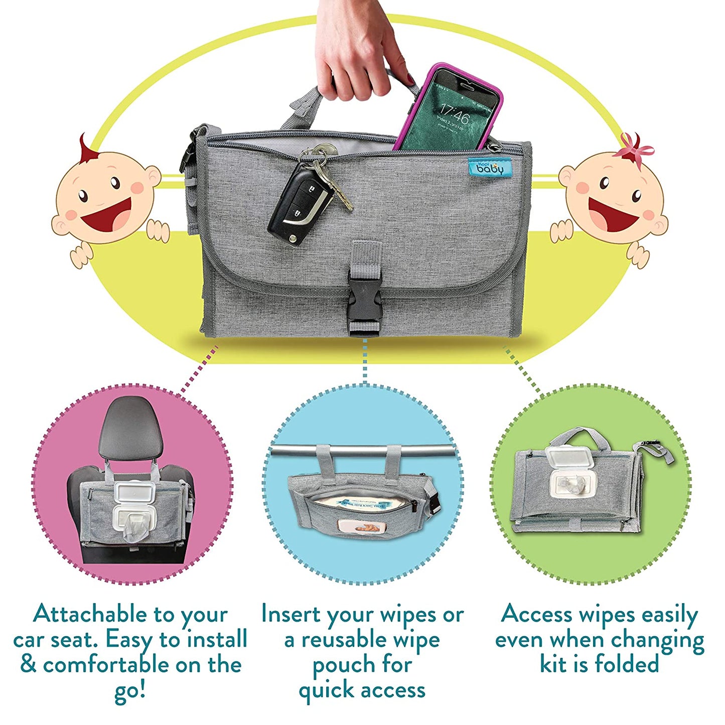 Portable Diaper Changing Pad, Portable Changing Pad for Newborn Girl & Boy - Baby Changing Pad with Smart Wipes Pocket – Waterproof Travel Changing Kit - Baby Gift by