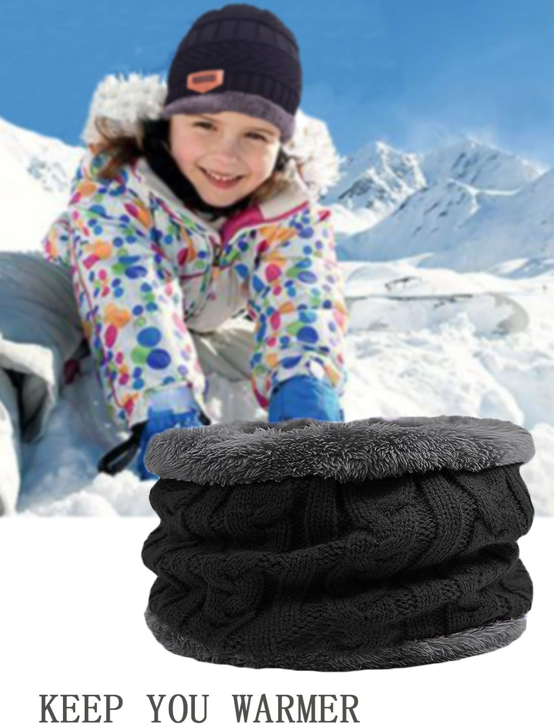 2Pcs Kids Winter Knitted Hats+Scarf Set Warm Fleece Lining Cap for 5-14 Year Old Boys Girls