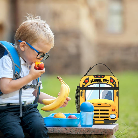 Kids School Bus Insulated Lunch Bag Cartoon Yellow Bus Lunchbox with Mesh Side Pocket Leakproof Cooler Tote for School Picnics Travel