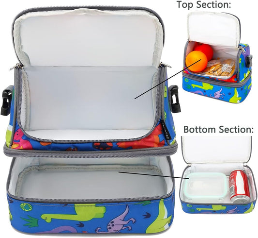 Kids Double Decker Cooler Insulated Lunch Bag Large Tote for Boys, Girls, Men, Women, with Adjustable Strap, Dinosaur