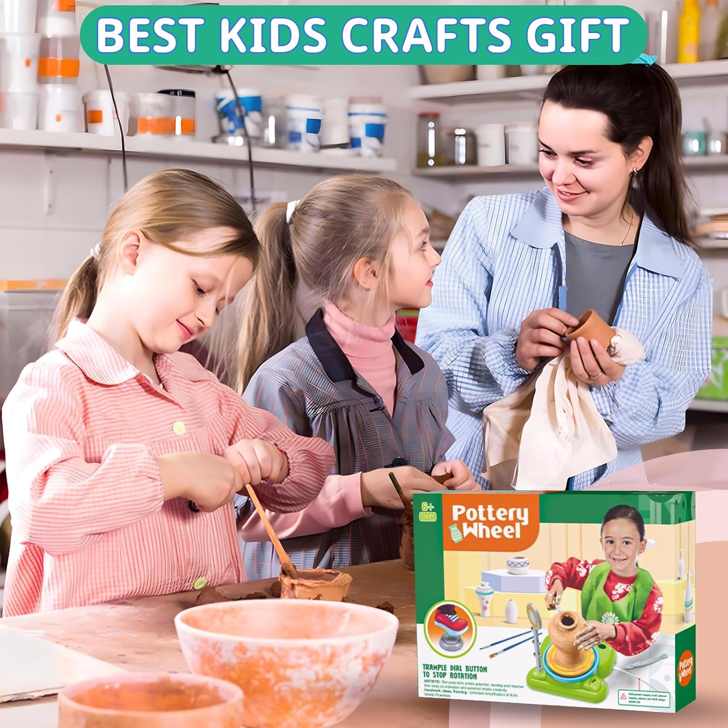 Pottery Wheel for Kids - Complete Pottery Painting Kit Arts and Crafts for Kids Ages 8-12 with 3 Pack Air Dry Clay Art Supplies for Kids Toys Girls Boy Birthday Gift for 6 7 8 9 10 11 12+