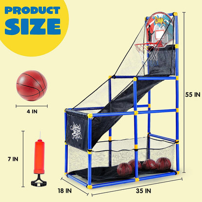 Arcade Basketball Game Set with 4 Balls and Hoop for Kids 3 to 12 Years Old Indoor Outdoor Sport Play - Easy Set up - Air Pump Included - Ideal for Competition