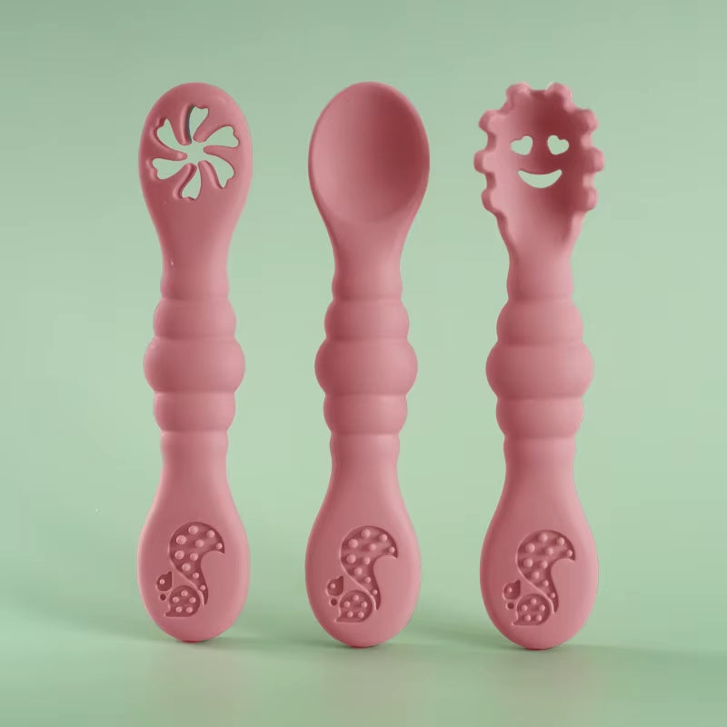 3PCS Kawaii Baby Learning Spoons Utensils Set Toddler Feeding Tableware Baby Silicone Teether Toys Training Cutlery Baby Stuff