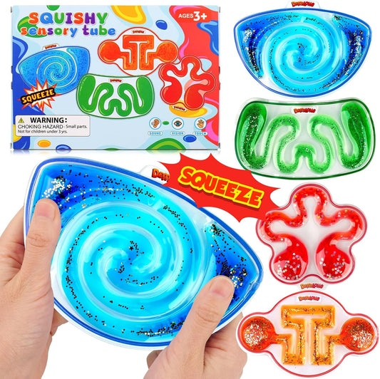 Squishy Sensory Toys for Kids - 4 Pack Fidget Toy Sensory Maze for Autism - Stress Anxiety Relief Toys for Calm down - Sensory Fidget Toy Filled Goo, Glitter, Easter Prizes for Kids Classroom